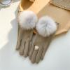 Women's Touch Screen Gloves Love Ring Autumn and Winter Warm Driving Glove Ladies Full-Finger Fox Fur Ball Mittens (Color : Khaki, Size : One Size) view 2