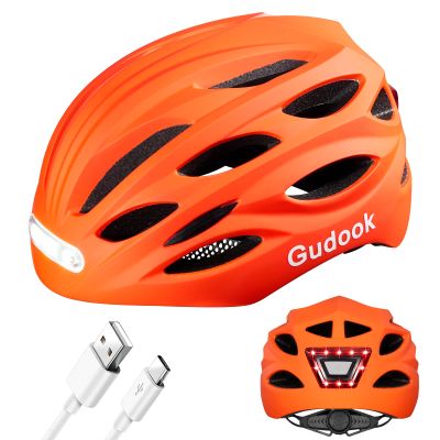 Gudook Bike Helmet Adult Helmets for Men/Women: with USB Rechargeable Front and Rear LED Light for Cycling Urban Commuter Casco para Bicicleta Lightweight Bicycle Helmet (Matte Orange, Large)