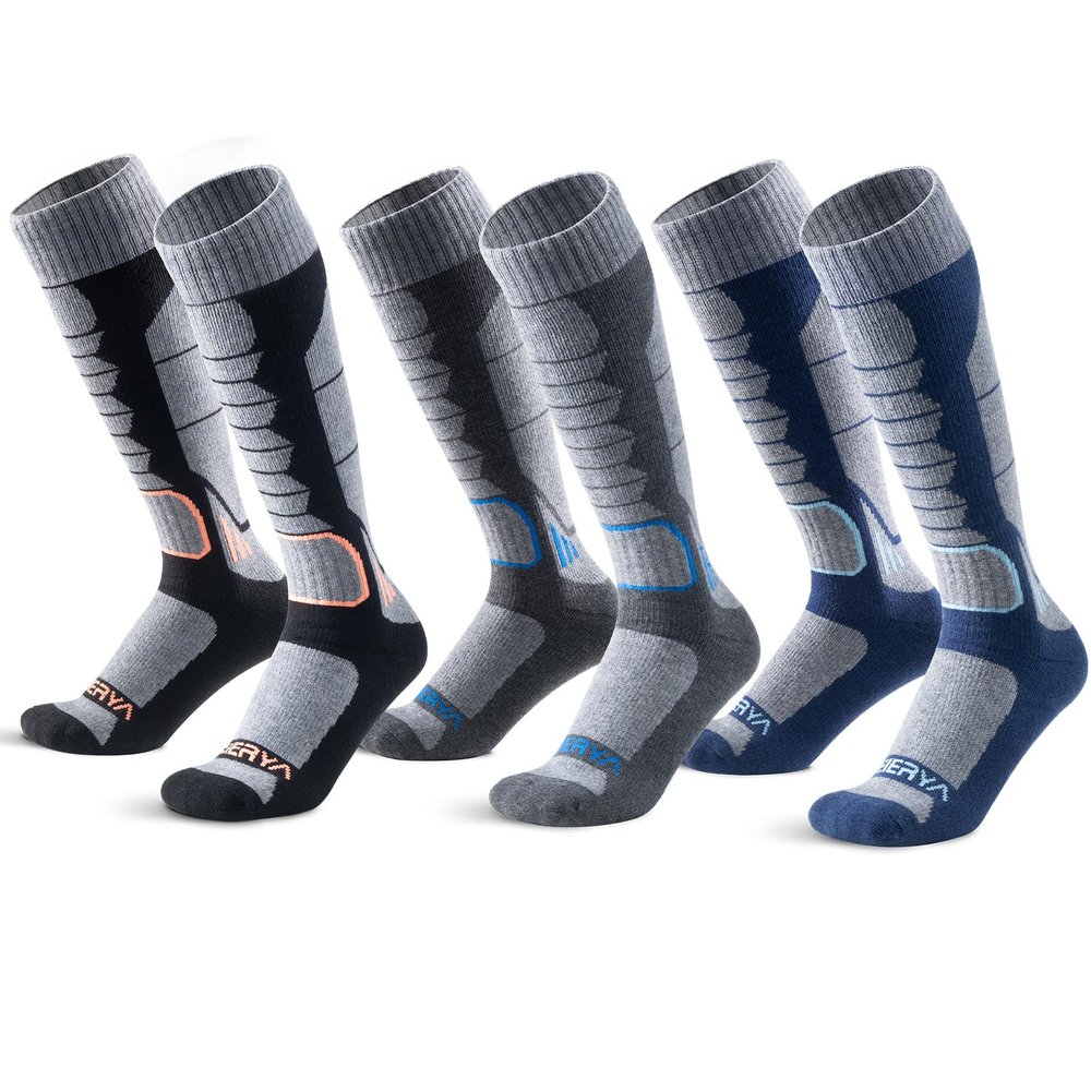 WEIERYA Ski Sock Merino Wool Ski Socks Mens Womens Skiing & Snowboarding Socks, Over The Calf (US, Alpha, X-Large, Regular, Regular, 3, Black Grey Blue)