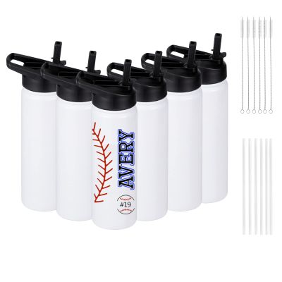 6 Pack Sublimation Water Bottle Blanks, 24oz Personalized Water Bottles Bulk with Handle & Straw Lid, Stainless Steel, Lightweight for Sports Travel Gym Running, DIY Gift for Teacher Nurse, White