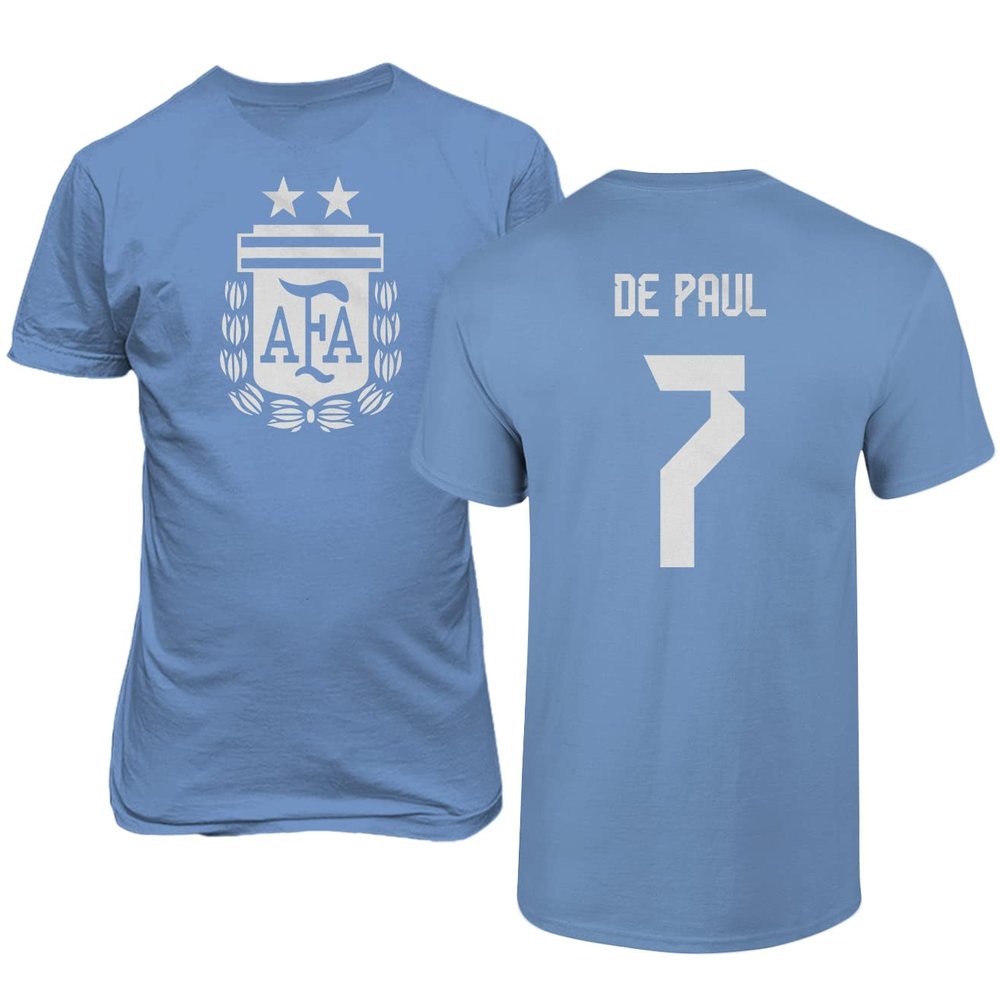 Argentina Soccer #7 De Paul World Football Adult Mens Unisex T-Shirt (Carolina Blue, 4X-Large)