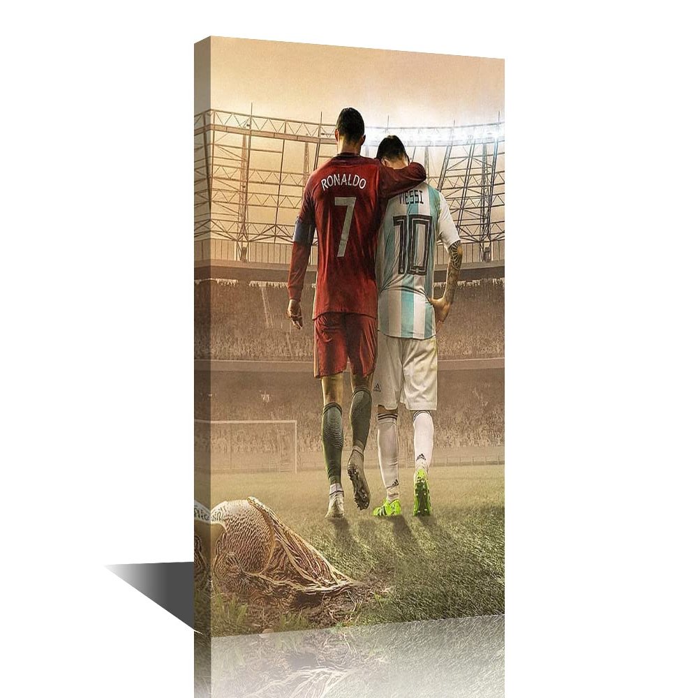 Cristiano Ronaldo and Lionel Messi Poster Framed Canvas Painting Picture Print Board Wall Decor Art Birthday Decorations Motivational Ready to Hang 36x24 in