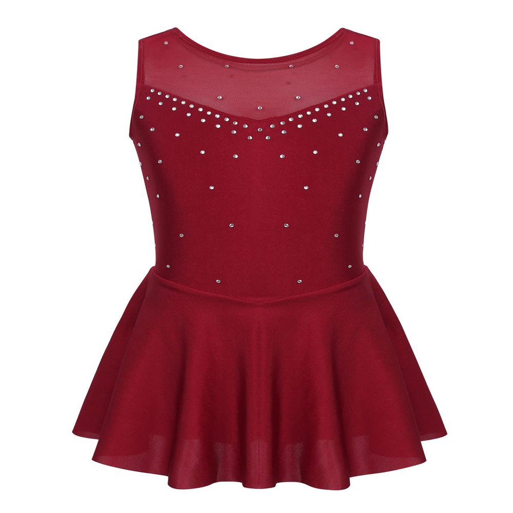 Kvysinly Girls Shiny Rhinestone Sleeveless Ballet Dance Gymnastic Leotard Tutu Dress Figure Ice Skating Dress Dancewear Burgundy 12 Years