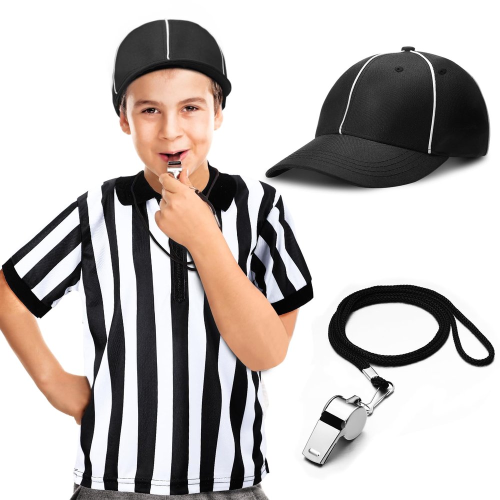 Funtery 4 Pcs Referee Costume Set Kids Referee Hat Stripe Shirt Whistle and Penalty Flag for Football Games Party Accessory(Small)