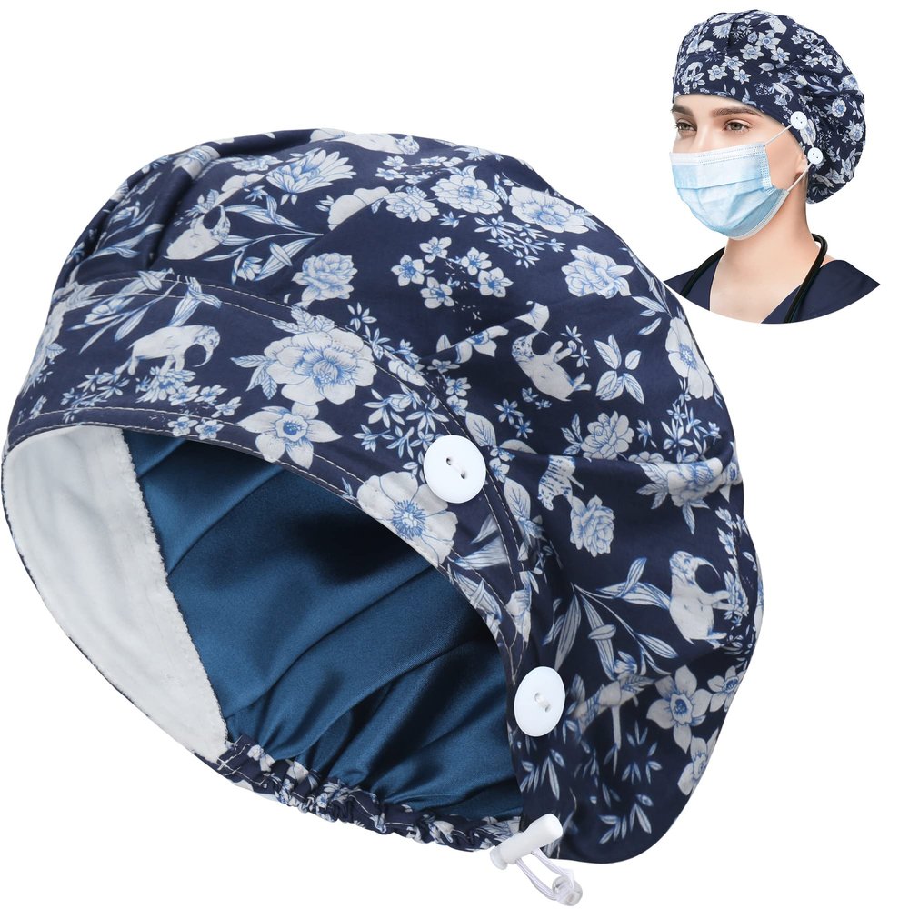 ABAMERICA Bouffant Caps with Button and Sweatband, Adjustable Scrub Caps for Women Men, One Size Fits All