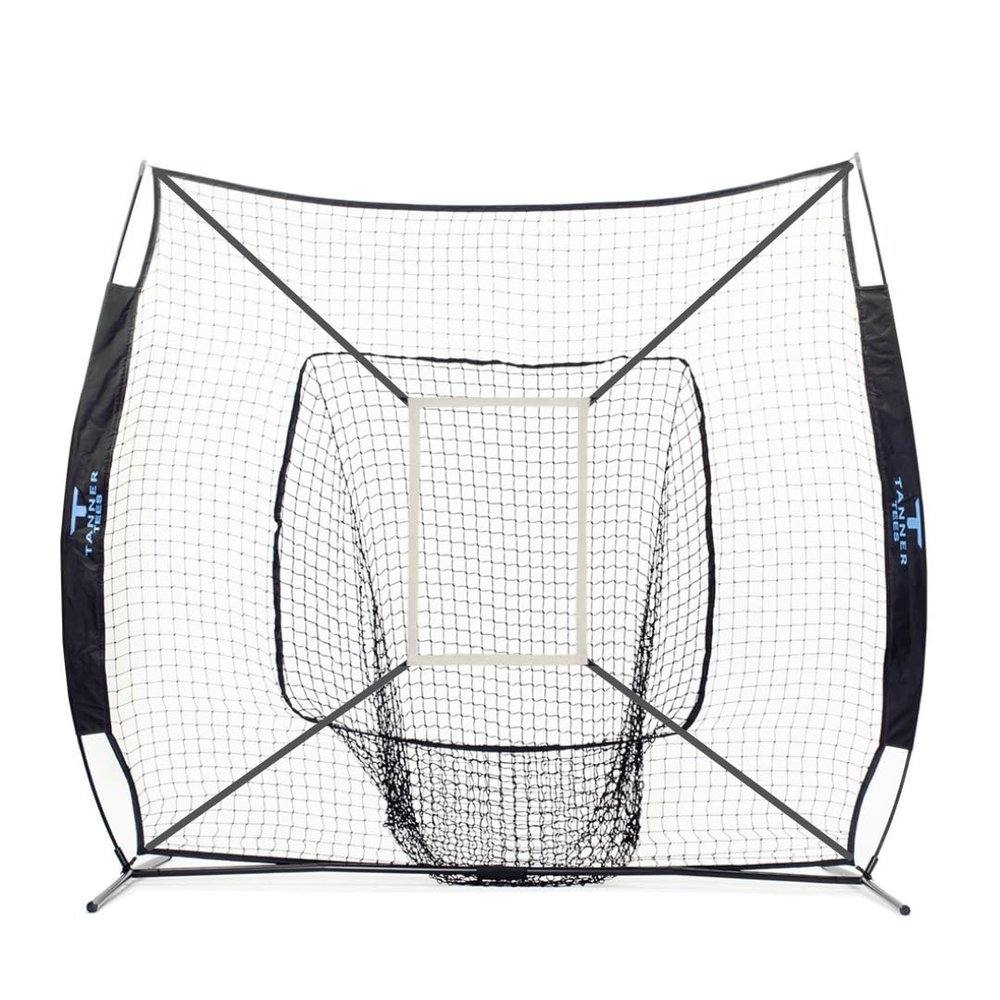 Tanner Portable Baseball Net with Carry Bag - 7' x 7' Baseball Net Softball Batting Net with Target and Catch Sock for Hitting and Pitching | Black and Blue