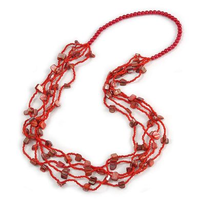 Avalaya Long Multistrand Red Shell/Glass Bead Necklace - 76cm L