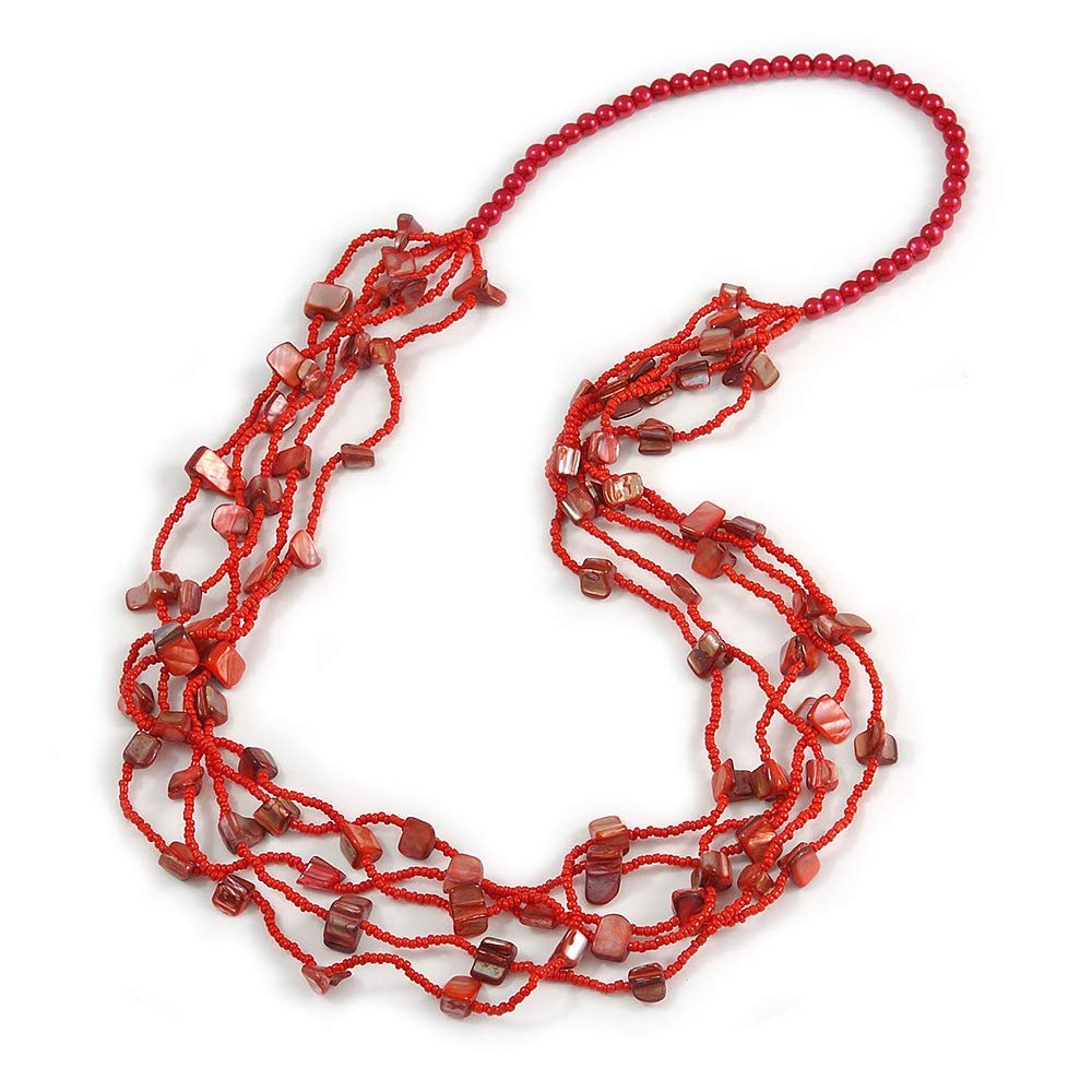 Avalaya Long Multistrand Red Shell/Glass Bead Necklace - 76cm L