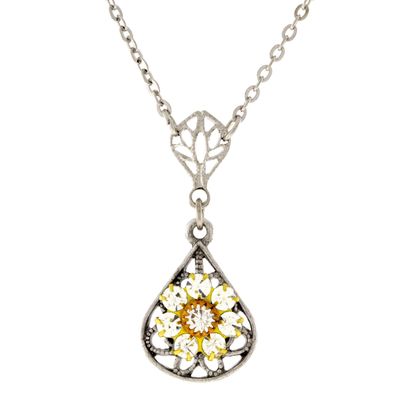 1928 Jewelry Yellow Flower Crystal Cluster Teardrop Filigree Pendant Necklace For Women 16" + 3" Extender