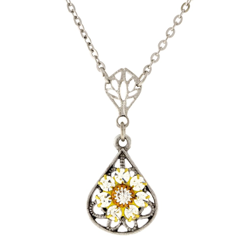 1928 Jewelry Yellow Flower Crystal Cluster Teardrop Filigree Pendant Necklace For Women 16" + 3" Extender