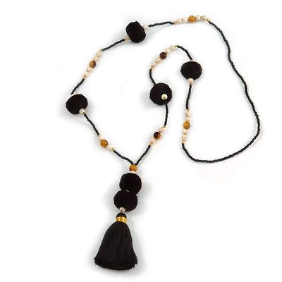Avalaya Black Glass Bead, Pom Pom, Tassel Long Necklace - 88cm L/ 10cm Tassel