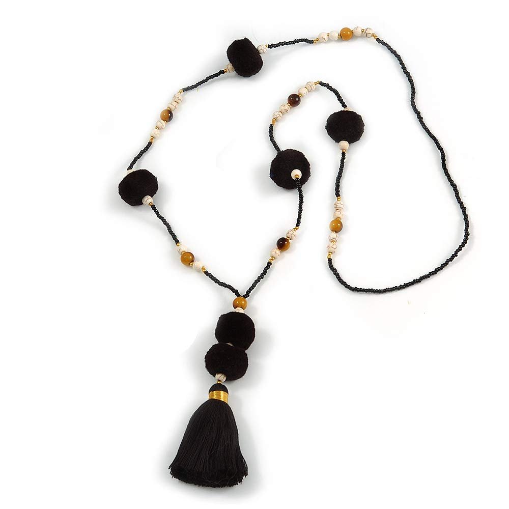 Avalaya Black Glass Bead, Pom Pom, Tassel Long Necklace - 88cm L/ 10cm Tassel