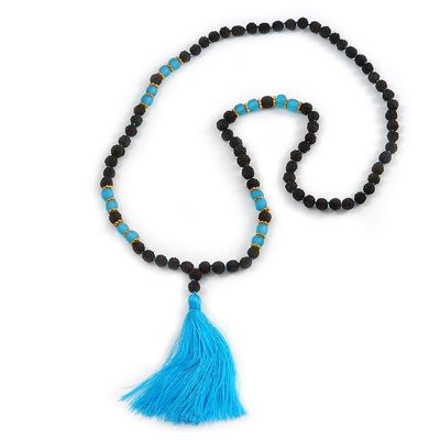 Avalaya Statement Dark Brown Tree Seed and Light Blue Acrylic Bead Necklace with Azure Blue Silk Tassel - 94cm L/ 11cm Tassel