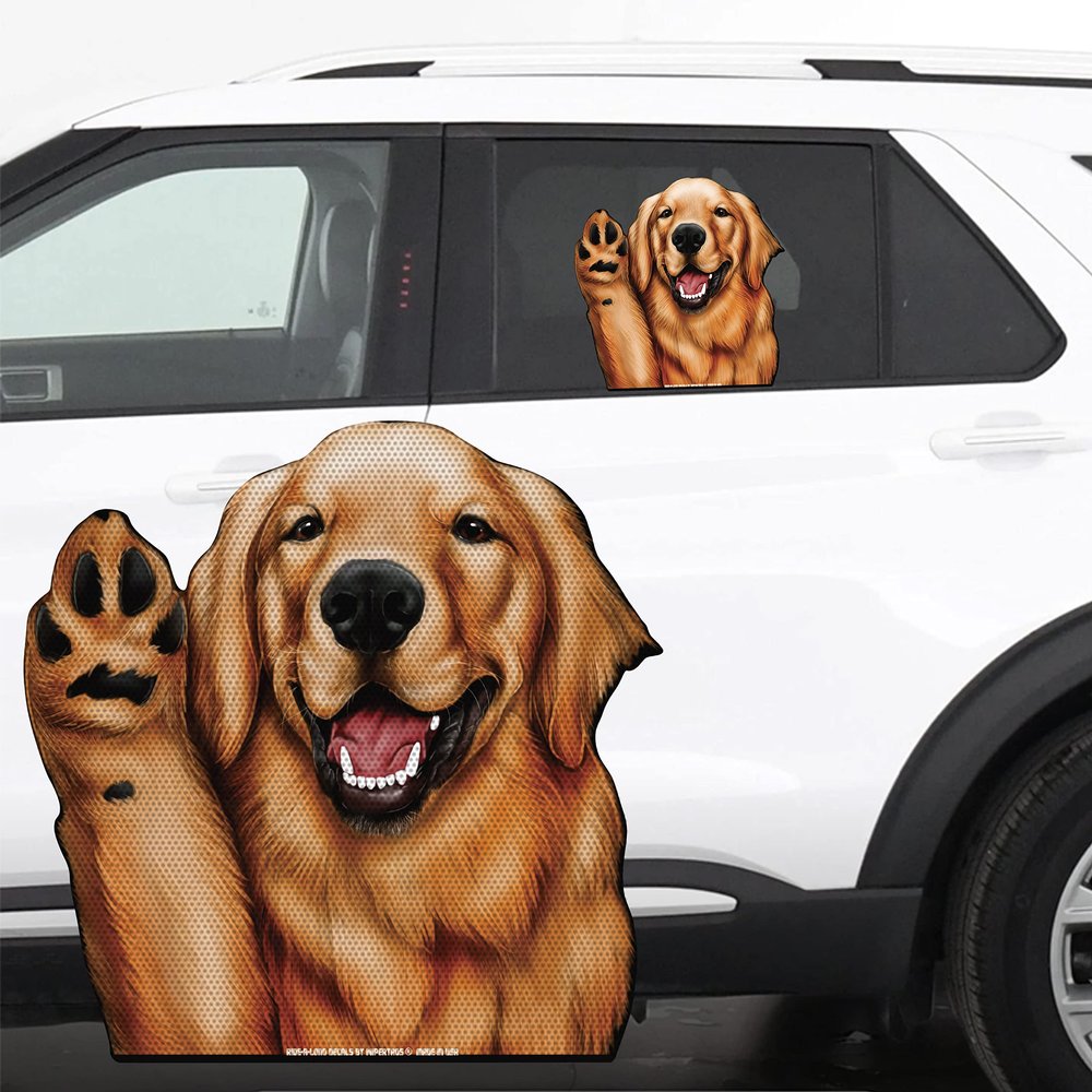 12" Perforated Ride-A-Long See-Thru Window Decal attaches to Rear Side car Window. Made in USA. (Golden Retriever)