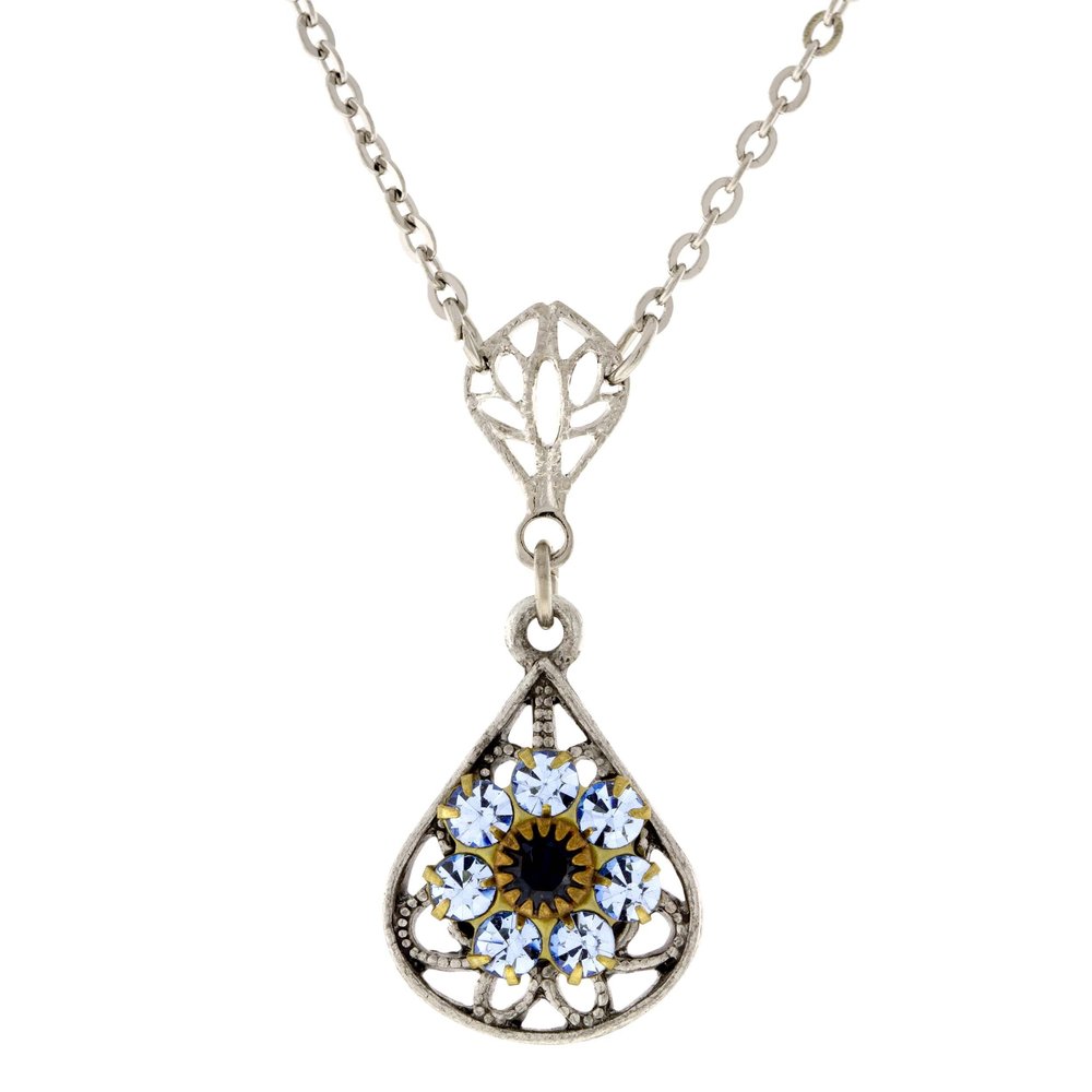 1928 Jewelry Purple Amethyst Flower Crystal Cluster Teardrop Filigree Pendant Necklace For Women 16" + 3" Extender