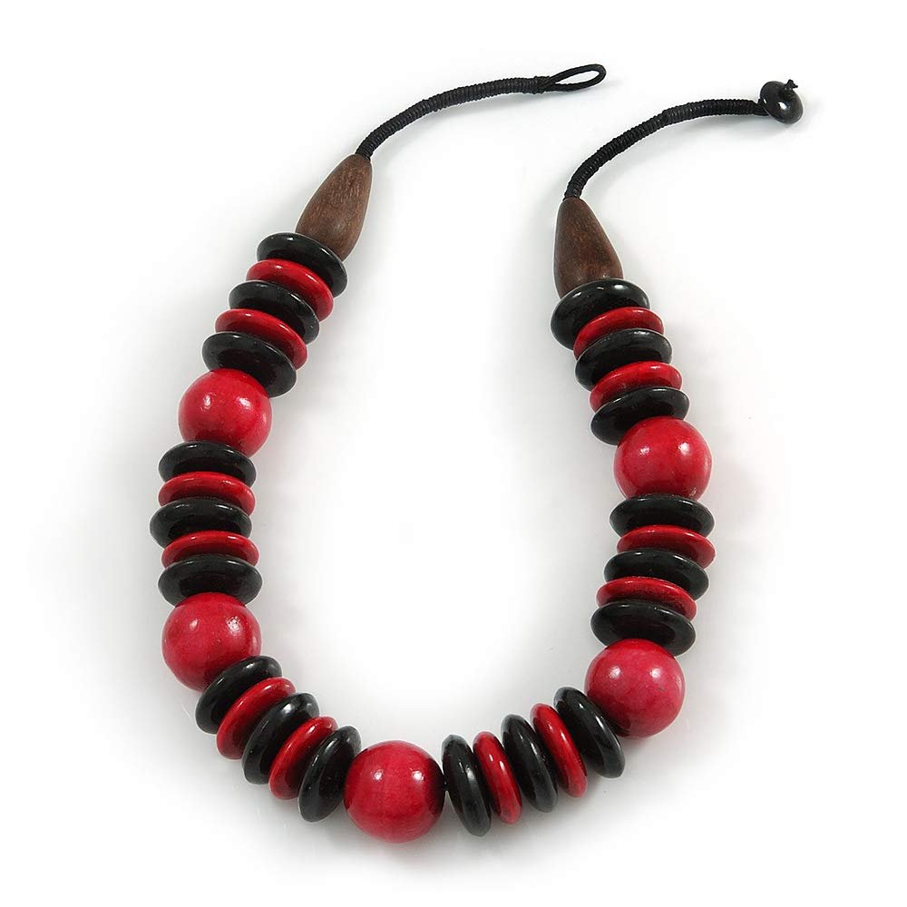 Avalaya Statement Red/Black Round and Button Wood Bead Necklace - 56cm L