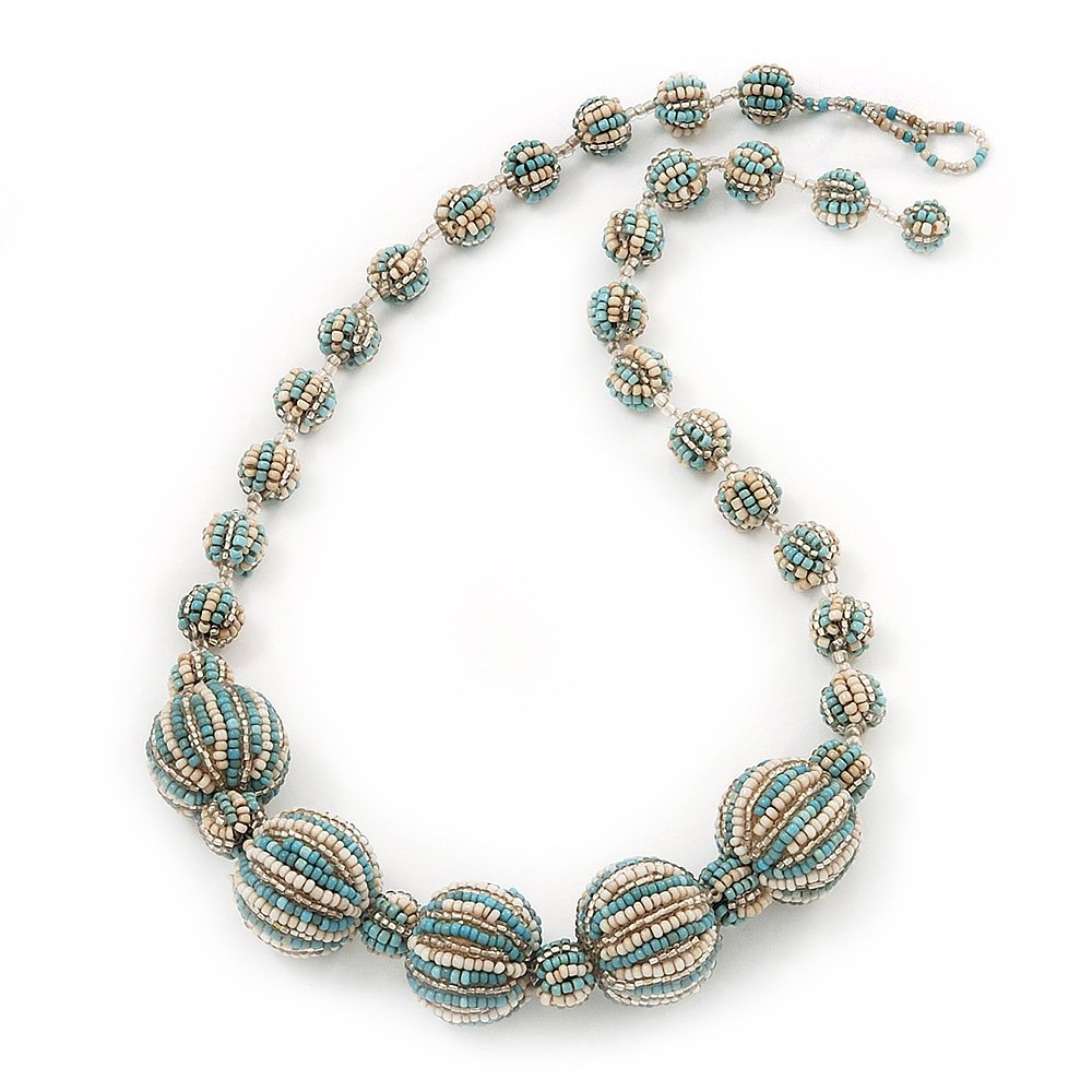 Avalaya Light Blue/White Graduated Glass Bead Necklace - 50cm Length