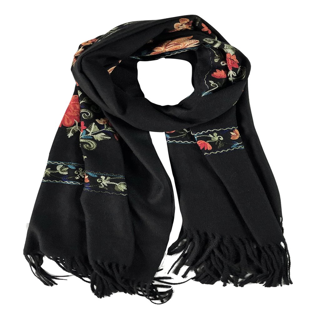Urban CoCo Women's Embroidered Tassel Long Shawl Oversize Scarf Wraps for Women (#1-Black)