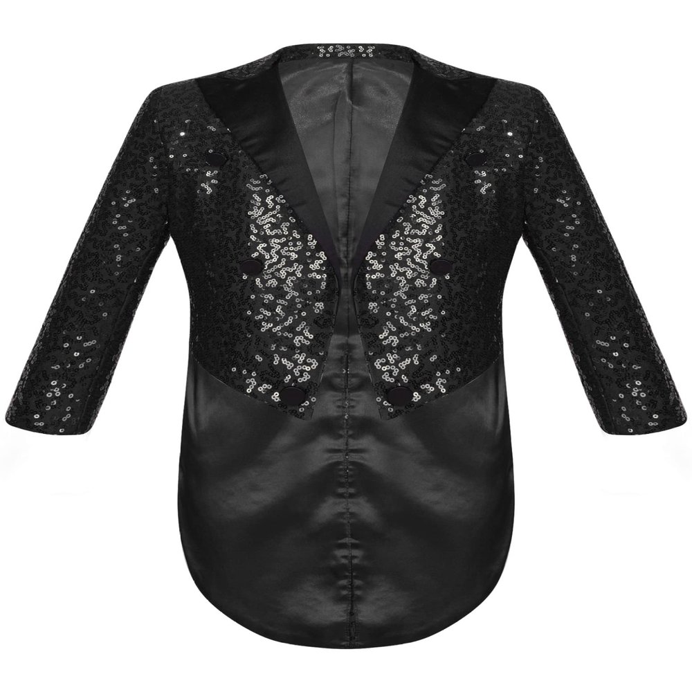 Loloda Kids Boys Sequin Tuxedo Blazer Tailcoat Open Front Lapel Collar Classic Suit Jacket for Evening Wedding Black 12 Years
