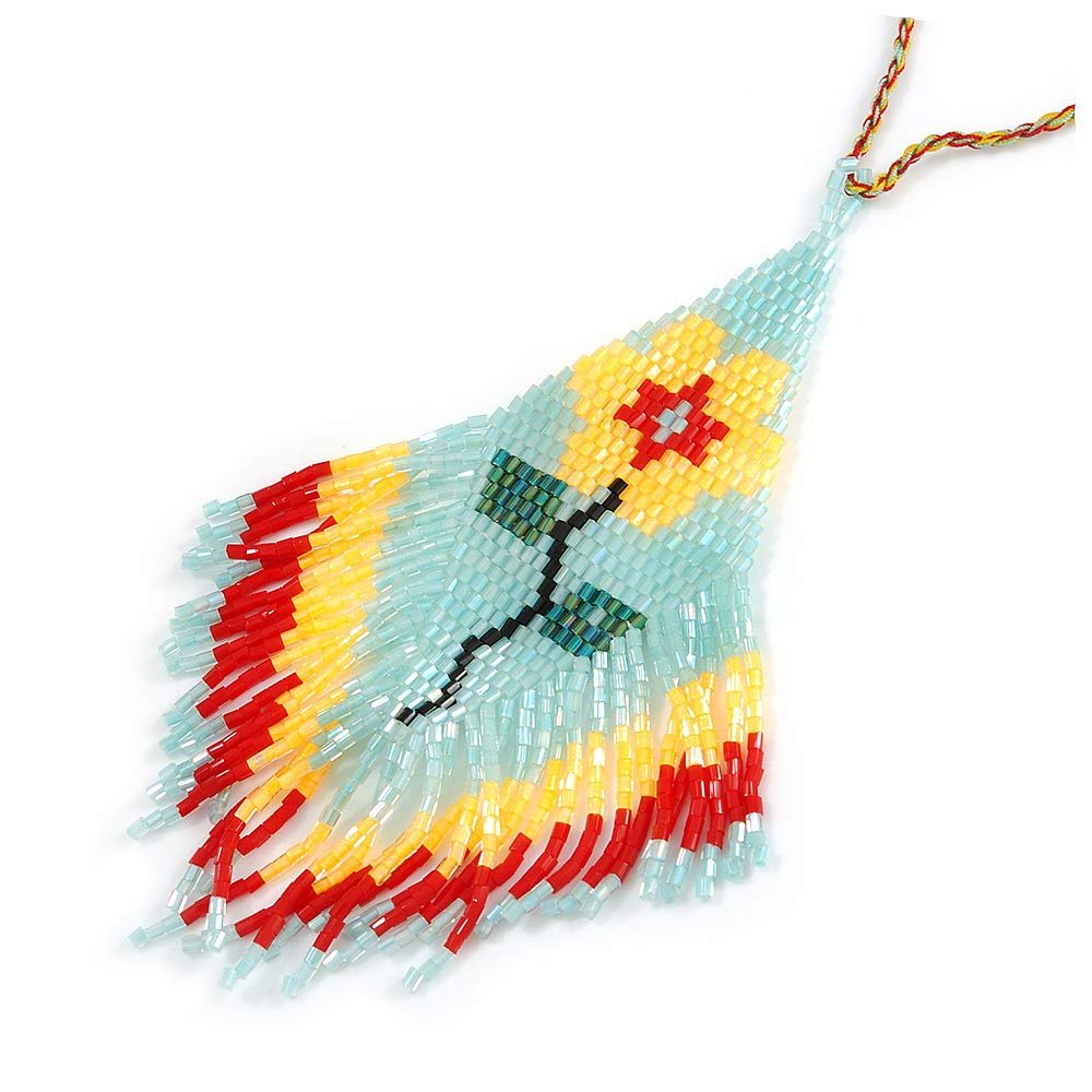 Avalaya Multicoloured Glass Bead Floral Pendant with Long Cotton Cord - 80cm Long