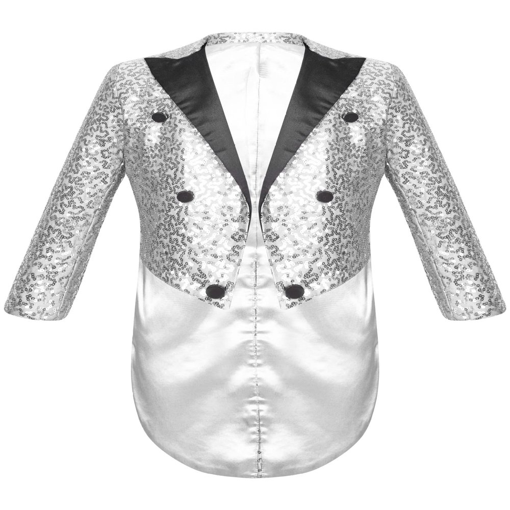 Loloda Kids Boys Sequin Tuxedo Blazer Tailcoat Open Front Lapel Collar Classic Suit Jacket for Evening Wedding Silver 12 Years