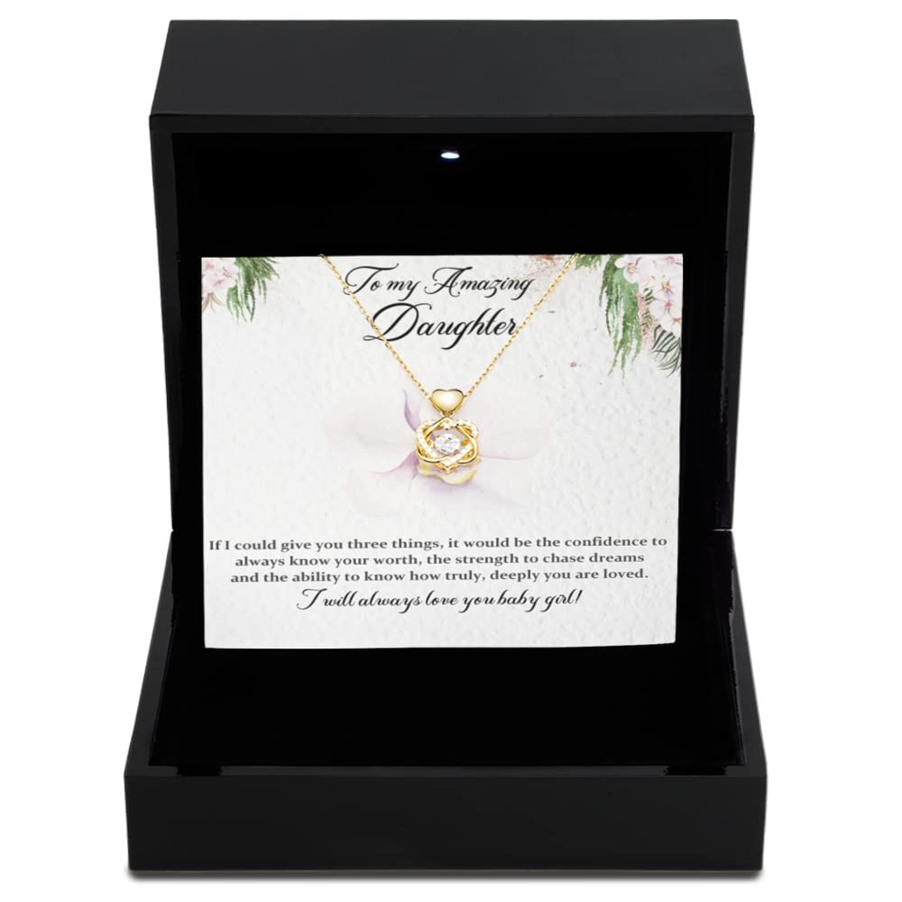 Heart Knot Gold Necklace Luxury Box to My Amazing Daughter/I Love You/Encouragement Message Card