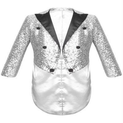 Loloda Kids Boys Sequin Tuxedo Blazer Tailcoat Open Front Lapel Collar Classic Suit Jacket for Evening Wedding Silver 8 Years
