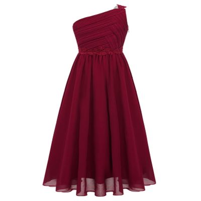 Loloda Kids Flower Girls Elegant Ruched One Shoulder Long Junior Bridesmaid Dress Wedding Prom Party Chiffon Gown Burgundy 12 Years