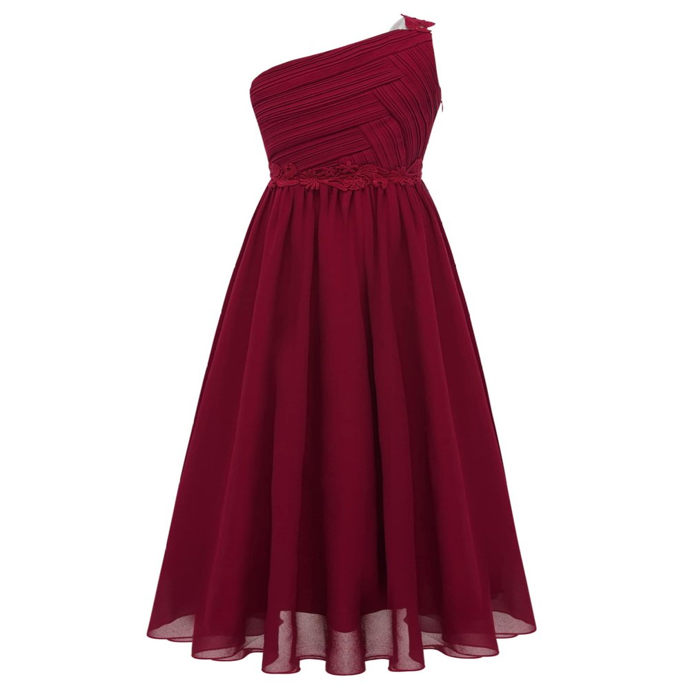Loloda Kids Flower Girls Elegant Ruched One Shoulder Long Junior Bridesmaid Dress Wedding Prom Party Chiffon Gown Burgundy 12 Years