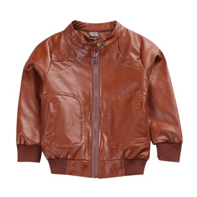 Toddler Kids Little Boys Long Sleeve Faux Leather Zipper Jacket Spring Autumn Lightweight PU Coat For (Brown, 8-9 Years)