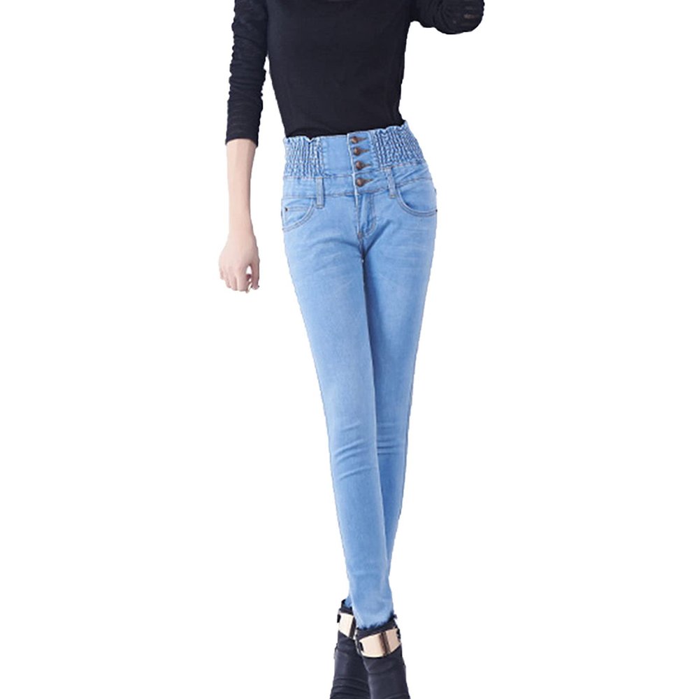 Maiyifu-GJ Women's High Waist Stretch Skinny Jeans Slim Fit 4 Button Denim Pants Solid Color Butt Lifting Jean Trouser (Light Blue,33)