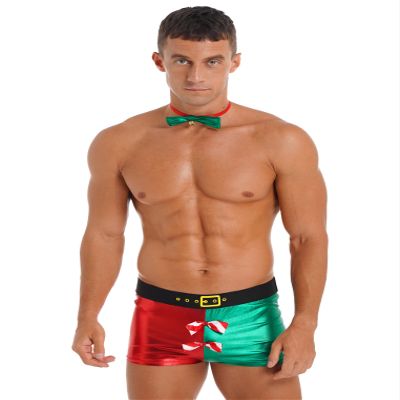 Yeahdor Men's Christmas Underwear Santa Claus Bowtie Low Rise Suspender Thong Holiday Shorts Red&Green XX-Large