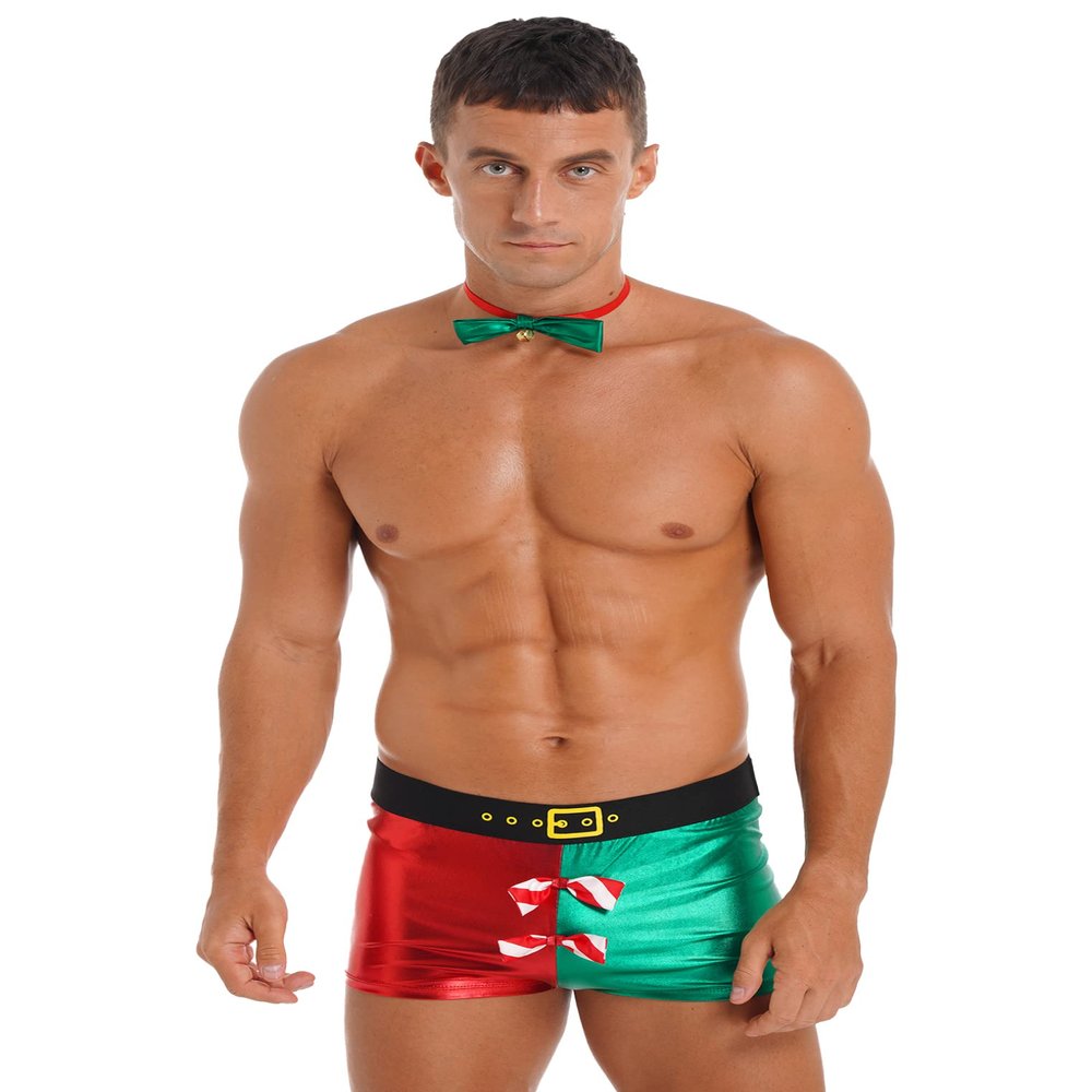 Yeahdor Men's Christmas Underwear Santa Claus Bowtie Low Rise Suspender Thong Holiday Shorts Red&Green XX-Large