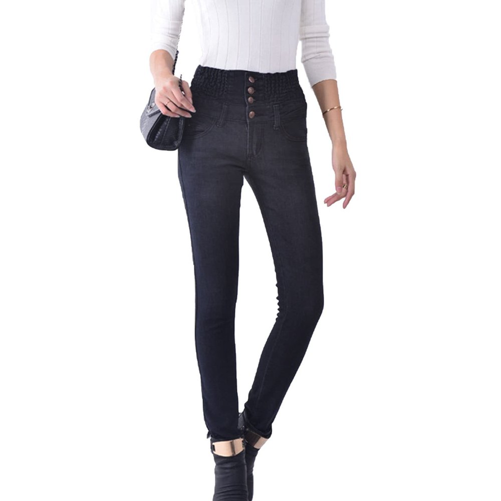 Maiyifu-GJ Women's High Waist Stretch Skinny Jeans Slim Fit 4 Button Denim Pants Solid Color Butt Lifting Jean Trouser (Black,30)
