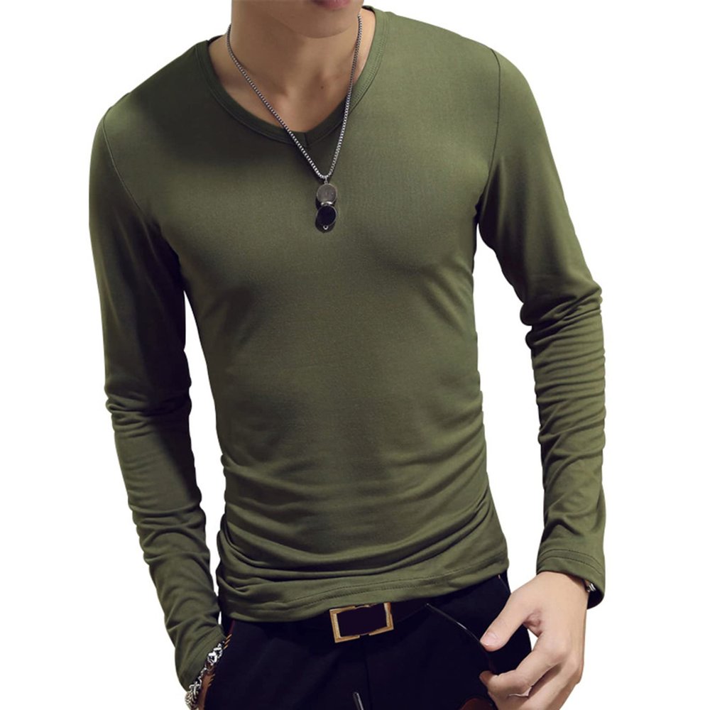 Hedmy Mens Long Sleeves Crew Neck Thermal Underwear Slim Fit Undershirt Base Layer Pullover Shirt Army Green Medium