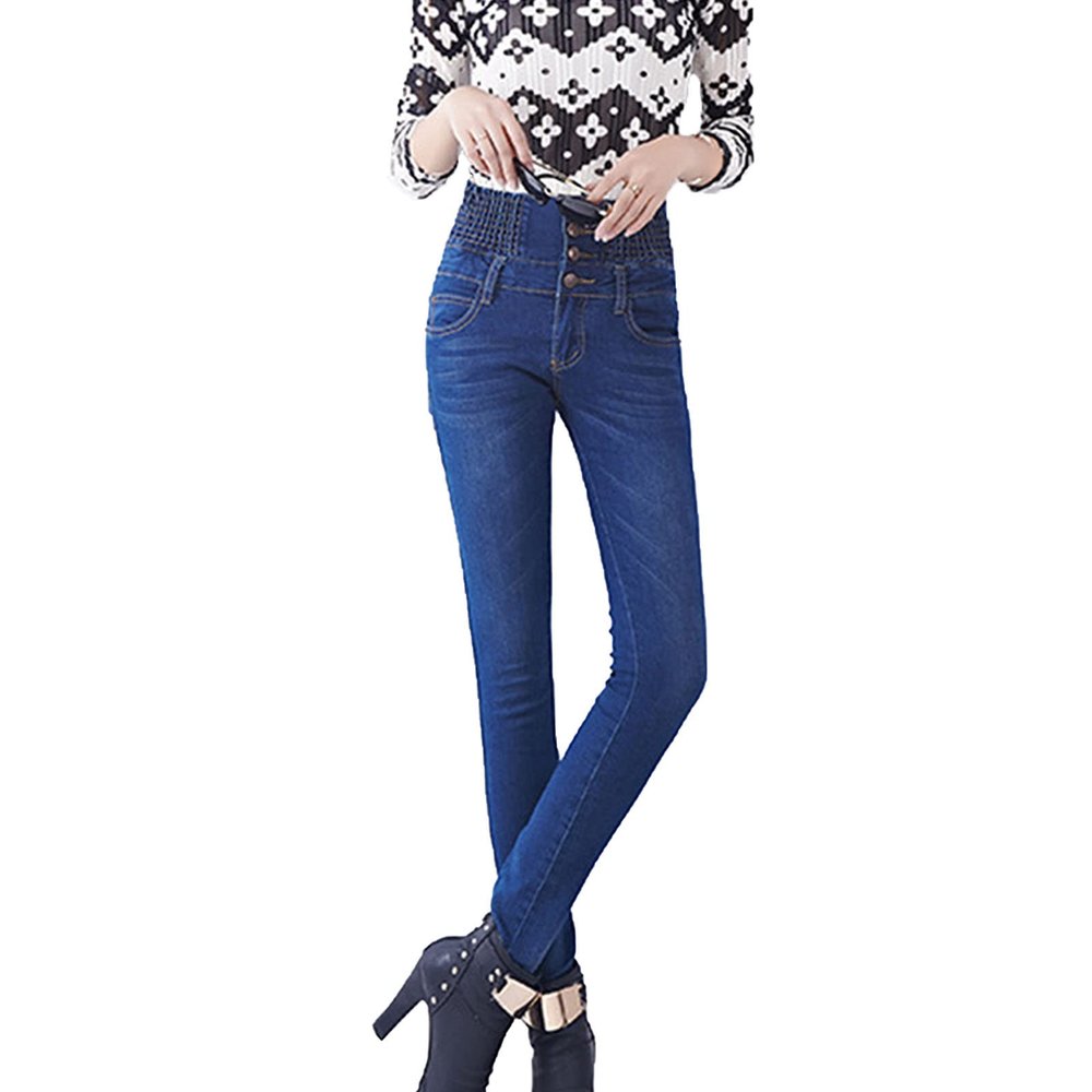Maiyifu-GJ Women's High Waist Stretch Skinny Jeans Slim Fit 4 Button Denim Pants Solid Color Butt Lifting Jean Trouser (Dark Blue,31)