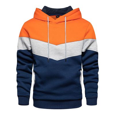 JEsilunmaMY Men's Color Block Hoodies Long Sleeve Pullover Sweatshirt Tops with Pocket Warm Thicken Fleece Casual Jumpers (Orange,Large)