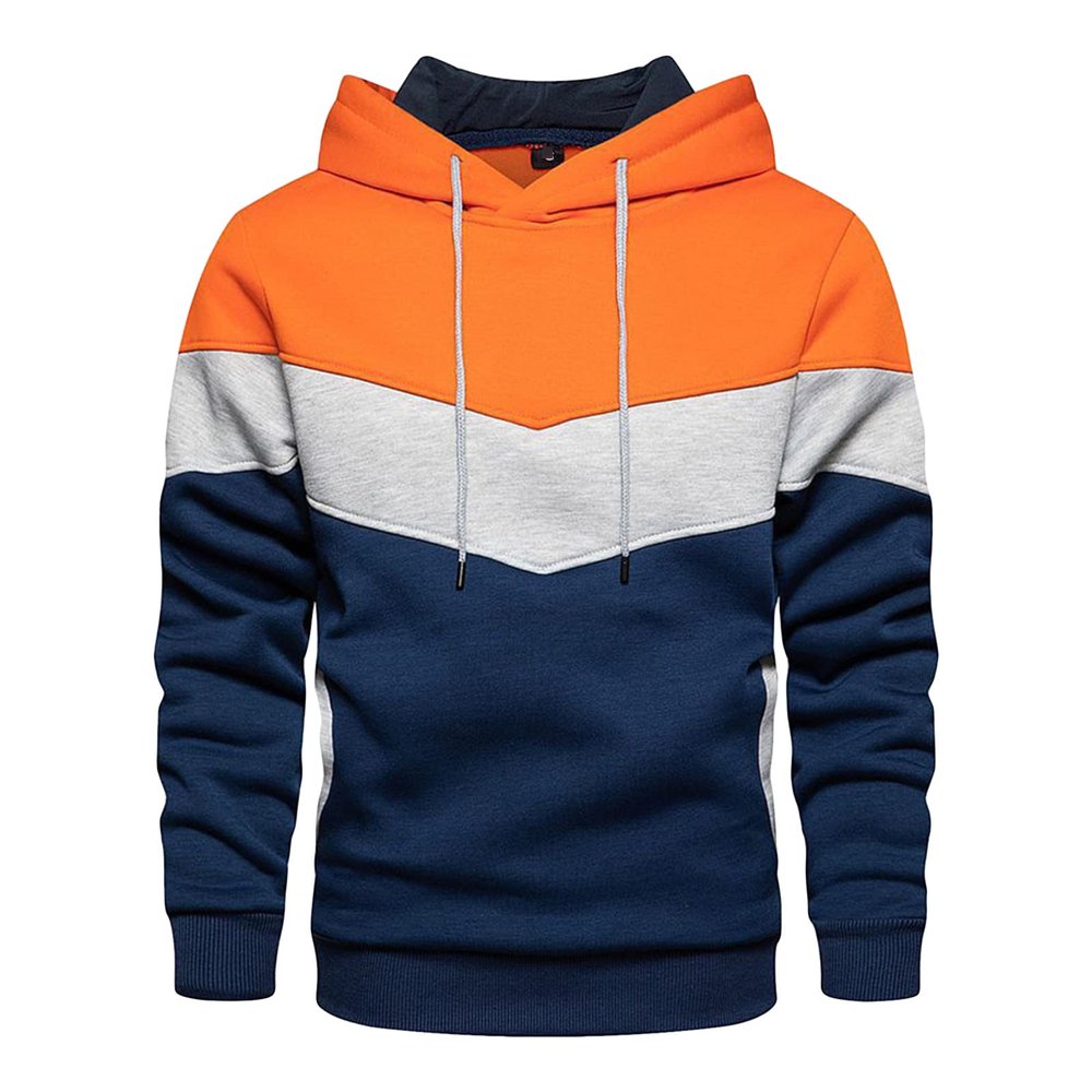 JEsilunmaMY Men's Color Block Hoodies Long Sleeve Pullover Sweatshirt Tops with Pocket Warm Thicken Fleece Casual Jumpers (Orange,Large)