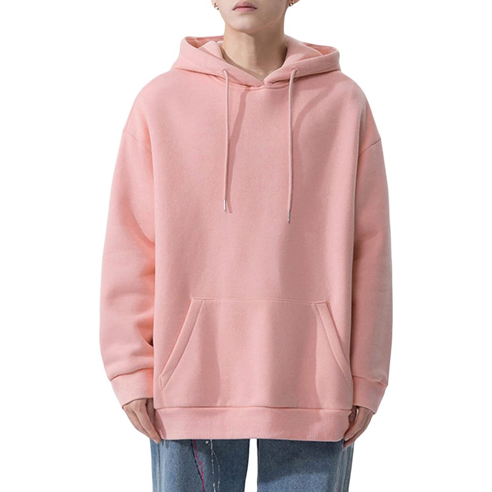 JEsilunmaMY Men's Outdoor Hoodies Long Sleeve Casual Pullover Tops with Pocket Solid Color Loose Sport Jumper Sweatshirt (Pink,Large)
