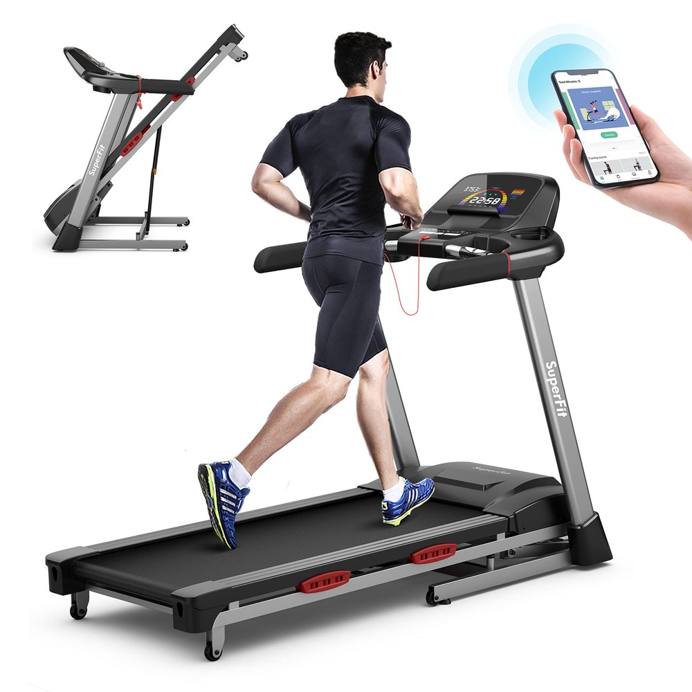 GYMAX Folding Treadmill with 4.75HP, 15% Auto Incline, App Control & Bluetooth Speaker, Portable Self-Standing with Pules Sensor for Home Gym