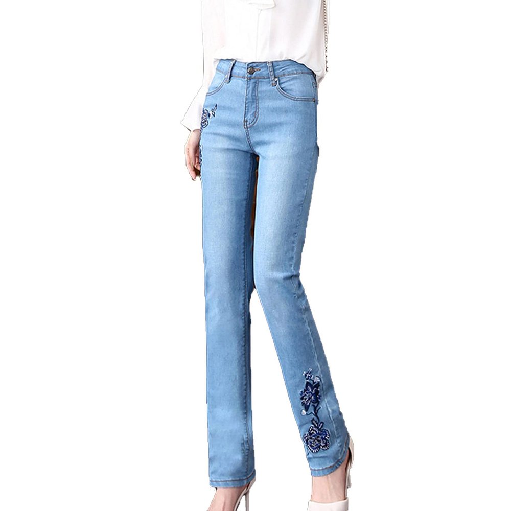 Women's High Waist Floral Embroidered Jeans Slim Fit Straight Leg Stretch Denim Pants Washed Skinny Slimming Jean (Light Blue,29)