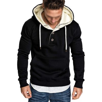 JEsilunmaMY Men's Fleece Hooded Sweatshirt Fashion Button Neck Long Sleeve Drawstring Pullovers Casual Jumper Top with Pocket (Black,Medium)