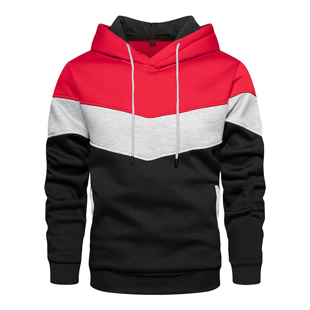 JEsilunmaMY Men's Color Block Hoodies Long Sleeve Pullover Sweatshirt Tops with Pocket Warm Thicken Fleece Casual Jumpers (Red,XX-Large)
