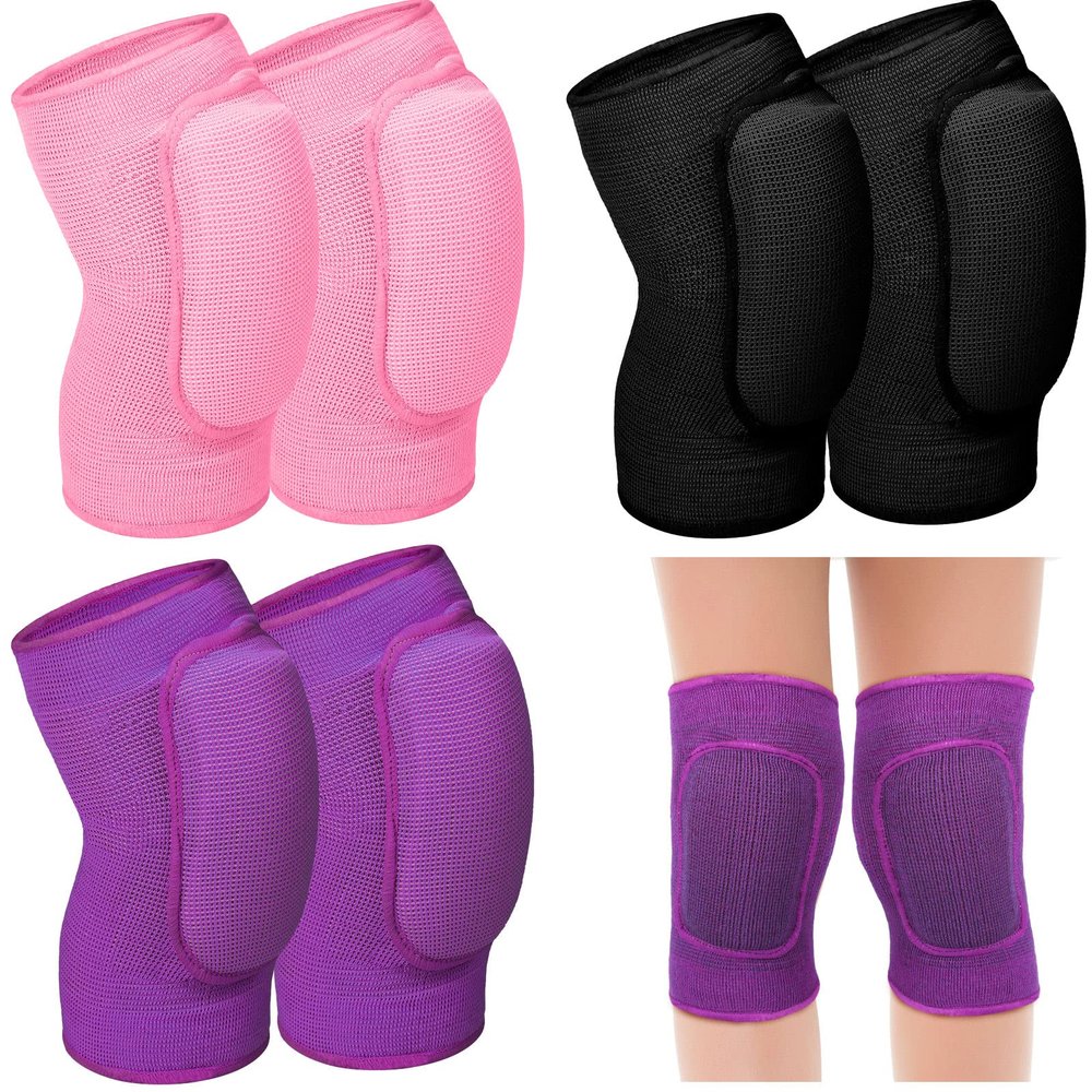 Hungdao 3 Pairs Volleyball Knee Pads for Kids Soft Breathable Brace Non Slip Padded Sponge Knee Support for Girls Boys Dance, Football, Skating, Running, Youth Sports(X-Small,Pink, Purple, Black)