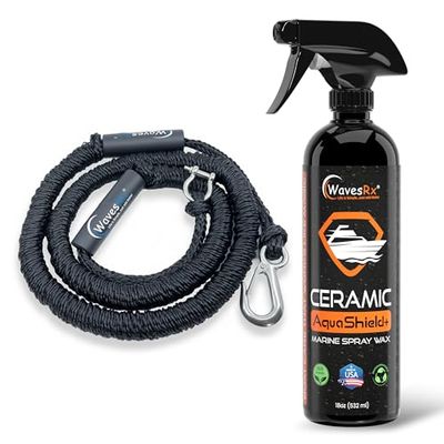 WavesRx 7'-25' AnchorMate Bungee Line + Ceramic Sealant Spray Wax (AquaShield) I Safer Anchoring for Jet Skis & PWCs + Ultra Slick Hydrophobic Coating with Silicon Dioxide (SiO2)