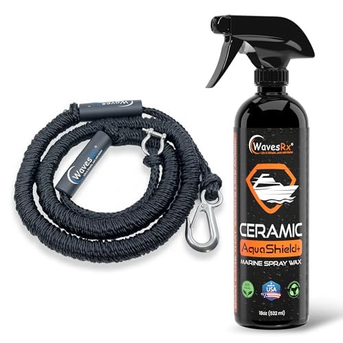 WavesRx 7'-25' AnchorMate Bungee Line + Ceramic Sealant Spray Wax (AquaShield) I Safer Anchoring for Jet Skis & PWCs + Ultra Slick Hydrophobic Coating with Silicon Dioxide (SiO2)