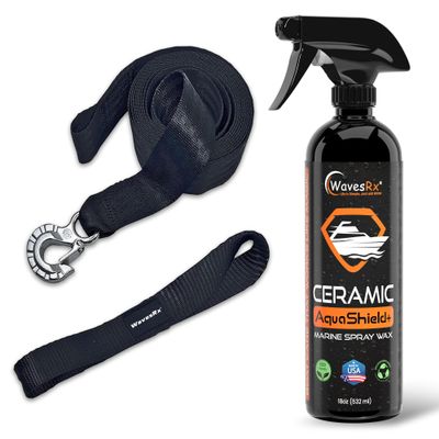 WavesRx 2"x12' Jet Ski Trailer Winch Strap with SS Hook + Ceramic Sealant Spray Wax (AquaShield) I Secure Retrieval, Launching & Transporting of Your PWC + Ultra Slick Hydrophobic Coating with Silicon