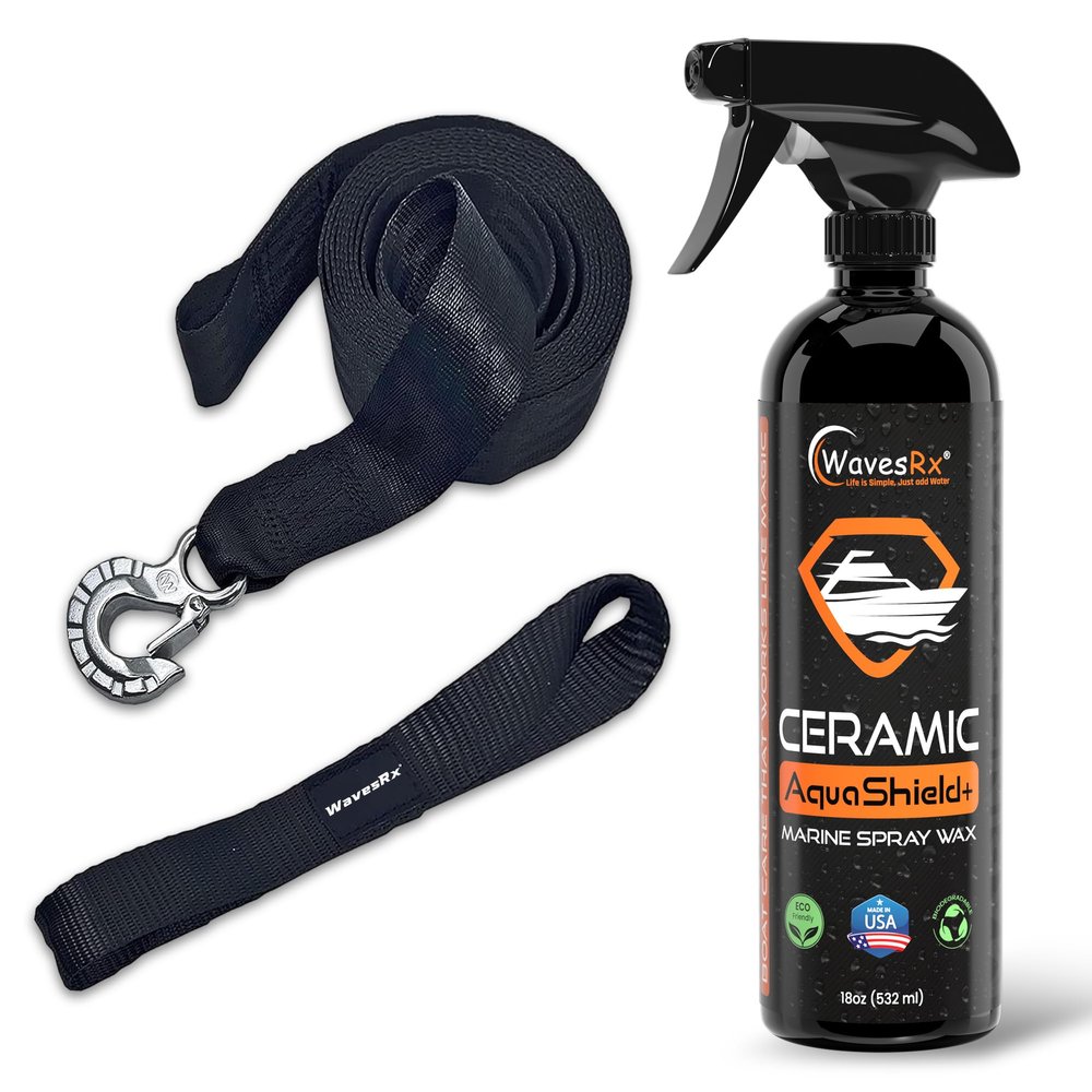 WavesRx 2"x12' Jet Ski Trailer Winch Strap with SS Hook + Ceramic Sealant Spray Wax (AquaShield) I Secure Retrieval, Launching & Transporting of Your PWC + Ultra Slick Hydrophobic Coating with Silicon
