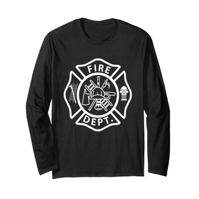 Fire Department Logo Uniform Fireman Symbol Firefighter Gear Long Sleeve T-Shirt, Adult Unisex, Black, Large