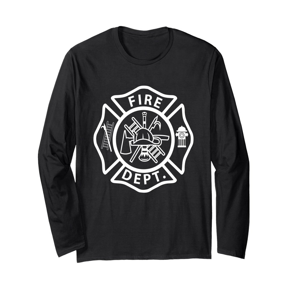 Fire Department Logo Uniform Fireman Symbol Firefighter Gear Long Sleeve T-Shirt, Adult Unisex, Black, Large